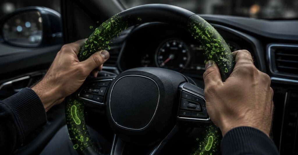 close up of hands gripping a car steering wheel showing bacteria hotspots