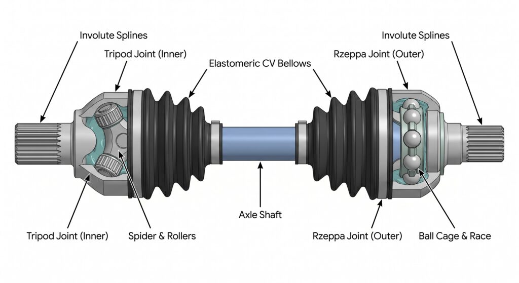 Diagram of a complete CV axle assembly